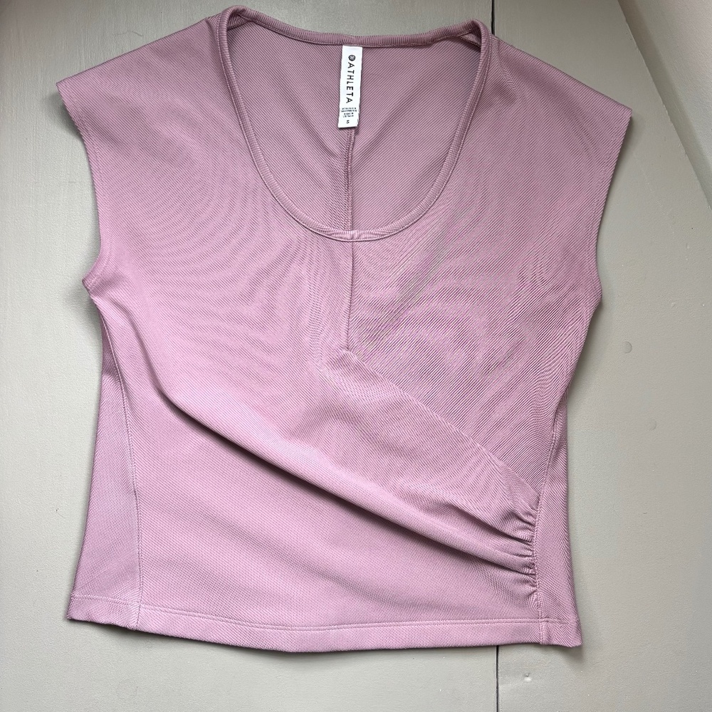 Athleta Shirred Faux Wrap Top S Mauve Pink Purple athleisure business casual